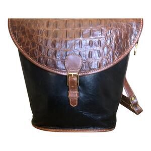 Brahmin Vintage Black Brown Croc Embossed Leather Bucket Crossbody Bag
